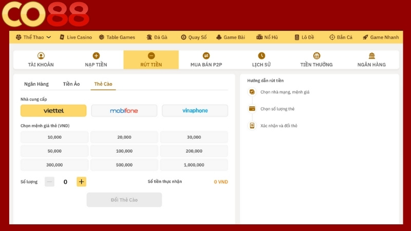 Hướng dẫn nạp rút tiền Co88