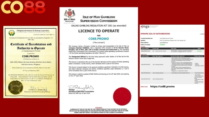 Nhà cái Co88 sở hữu cùng lúc 3 giấy phép hoạt động